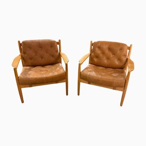 Armchair in Beech & Leather by Ingemar Thillmark for Ope, 1960s, Set of 2