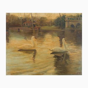 Andrés Justh, Swans on a Lake, Oil on Canvas, Framed