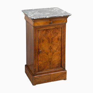 Table de Chevet Louis Philippe Antique en Loupe de Noyer avec Plateau en Marbre Gris, France, 19ème Siècle