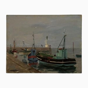 Florent Sichet, Trawler Fischerboote, Öl auf Karton, 20. Jh.