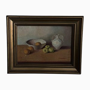 Redonde, Still Life with Fruit and Earthenware Jug, 20th Century, Oil on Panel, Framed