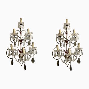 Large Florentine Tole Crystal Sconces, 1950s, Set of 2