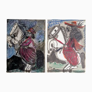 Pablo Picasso, The Knight Girl (Jacqueline Riding), 1961, Litografías en color originales firmadas, Juego de 2