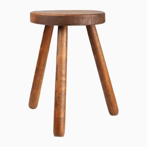 Brutalist French Hand Crafted Rustic Low Tripod Stool in Wood, 1890s