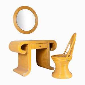 Console Set with Mirror & Rattan Stool, 1970s, Set of 3
