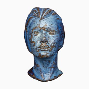 Mid-Century Swedish Blue Glazed Ceramic Mask, Scandinavia, 1970s