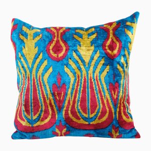 Square Blue Boho Velvet Silk Ikat Velvet Cushion Cover, 2010s