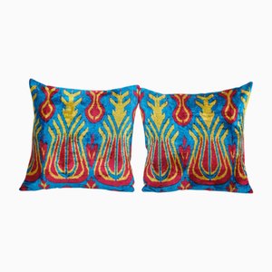 Red and Blue Ikat Velvet Cushion Covers, 2010s, Set of 2