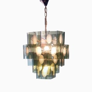 Lustre Mid-Century avec Plaques en Verre Givrées et Relief