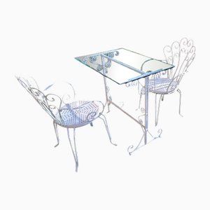 Vintage Garden Armchairs and Table with Cut Glass Top, 1960s, Set of 3