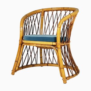 Fauteuil Rush, en Rotin et Velours Bleu, 1960s