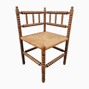 Mid-Century Arts and Craft Style Bobbin Corner Chair in Oak with Rush Seat, 1950s