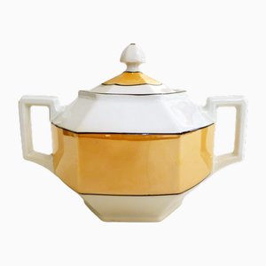 Art Deco Faceted Sugar Bowl in Iridescent Porcelain by Union K, 1920s