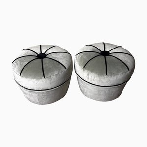 Set of Vintage Italian Gray Velvet Ottomans with Black Trim, 1960s