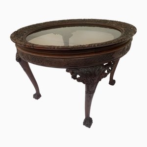 Large English Chippendale Style Walnut Coffee Table with Glass Top, 1940s