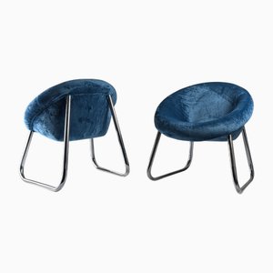 Set of Italian Armchairs in Chromed Metal and Blue Velvet, 1970s
