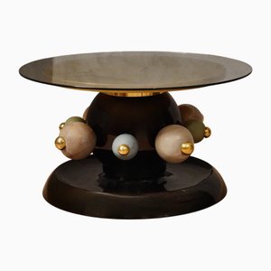 Tavolino rotondo in ceramica e ottone, anni '80