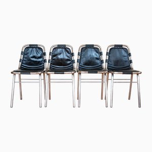 Black Leather and Brushed Aluminium Occasional Dining Chairs in the style of Charlotte Perriand, Set of 4