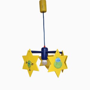 German Childrens Room Ceiling Lamp with Colored Painted Pine Wood Frame by Waldi