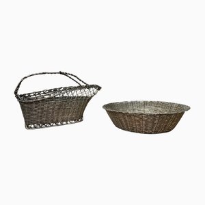 Bottle Holder and Bread Basket in Silver Metal, 1965, Set of 2