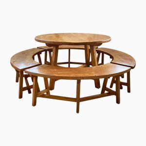 Round Table Set and Rounded Benches, 1950s, Set of 5