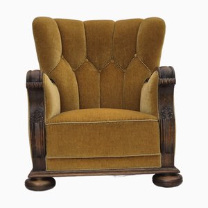 Butaca danesa de roble y muebles de terciopelo amarillo, años 60