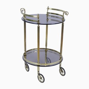 Chariot Bar Mid-Century Rond en Laiton avec Verre Fumé