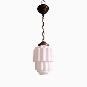Art Deco Skyscraper Pendant Light in White Opaline, 1920s