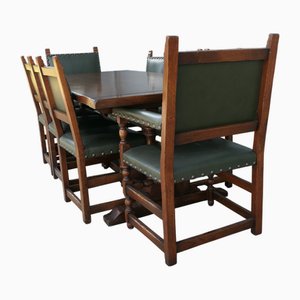 Mid-Century Modern Country Oak Refectory Table with Oak and Leather Dining Chairs, 1960s, Set of 9