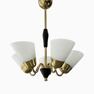 Lustre Mid-Century Scandinave en Laiton et Verre, 1940s