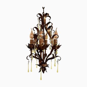 Vergoldeter Mid-Century Moderner Italienischer Murano Glas Kronleuchter mit Gelben Glastropfen, 1960er