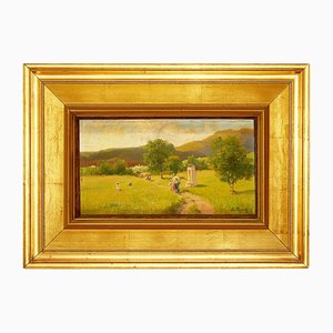 Silvio Poma, Mountain Landscape with Walking on the Path, Late 1800s, Oil on Board, Framed