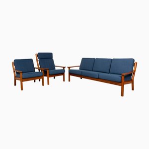 Wood and Blue Fabric 3-Seater Sofa and Lounge Chairs from Glostrup, Set of 3