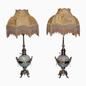 Lámparas de aceite de latón dorado y porcelana, década de 1890. Juego de 2