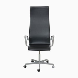 Oxford Desk Chair in Black Aniline Leather by Arne Jacobsen, 2000s