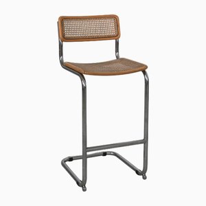 Taburete de bar tubular de acero con asiento de caña, Italia, años 70