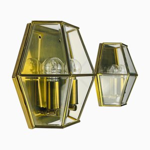 Hexagonal Gold Brass and Crystal Sconces, 1970s, Set of 2