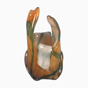 Modern Sommerso Green Orange Murano Glass Vase with Gold Leaf, Italy, 1970s