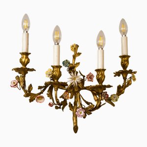 Napoleon III Gilt Bronze Wall Light with Porcelain Flowers, France, 1870s