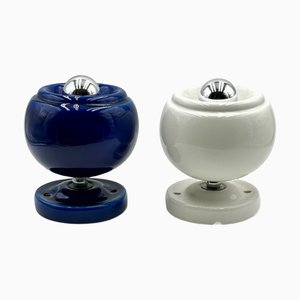Italienische Mid-Century Keramik Lampen in Weiß & Blau, 1970er, 2er Set