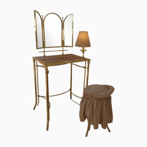 Frisiertisch mit Lampe und Sitz aus Bambusimitat, 1950er, 2er Set