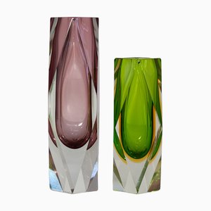 Italian Murano Thick Faceted Sommerso Glass Vases by Flavio Poli for Alessandro Mandruzzato, 1960s, Set of 2