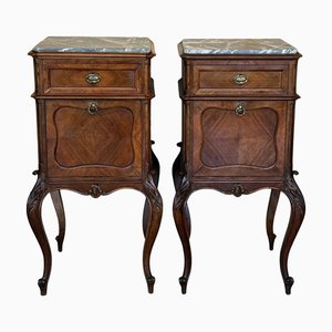 Antique French Mahogany Nightstands with Marble Top, 1890, Set of 2
