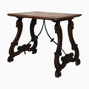 Spanish Baroque Side Table with Lyre Legs and Marquetry Top, 1850