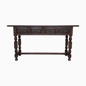 Antique Catalan Spanish Carved Walnut Console Table with Thre Drawers, 1890