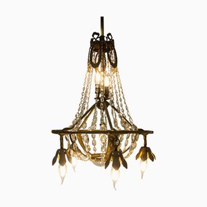 French Brass Chandelier with Crystal Drops, 1900s