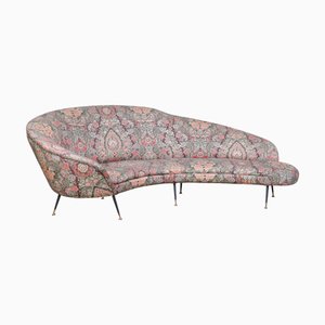 Curved Sofa in Floral Upholstery with Brass Feet by Federico Munari, Italy, 1950s