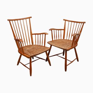 Set of Armchairs in Beech and Paper Cord attributed to Arno Lambrecht for Wk Möbel, 1950s