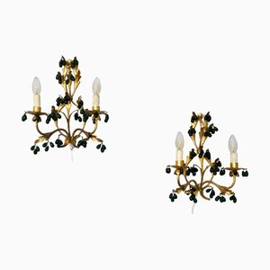 Wall Lights in Gilted Metal with Green Glass Drops, 1890s, Set of 2
