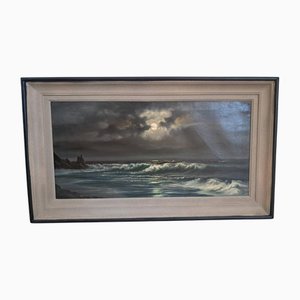 Vintage Ölgemälde auf Leinwand, Moonlit Beach Seascape, Coastal Art, Moonlight, Beardsley, 1960er, gerahmt